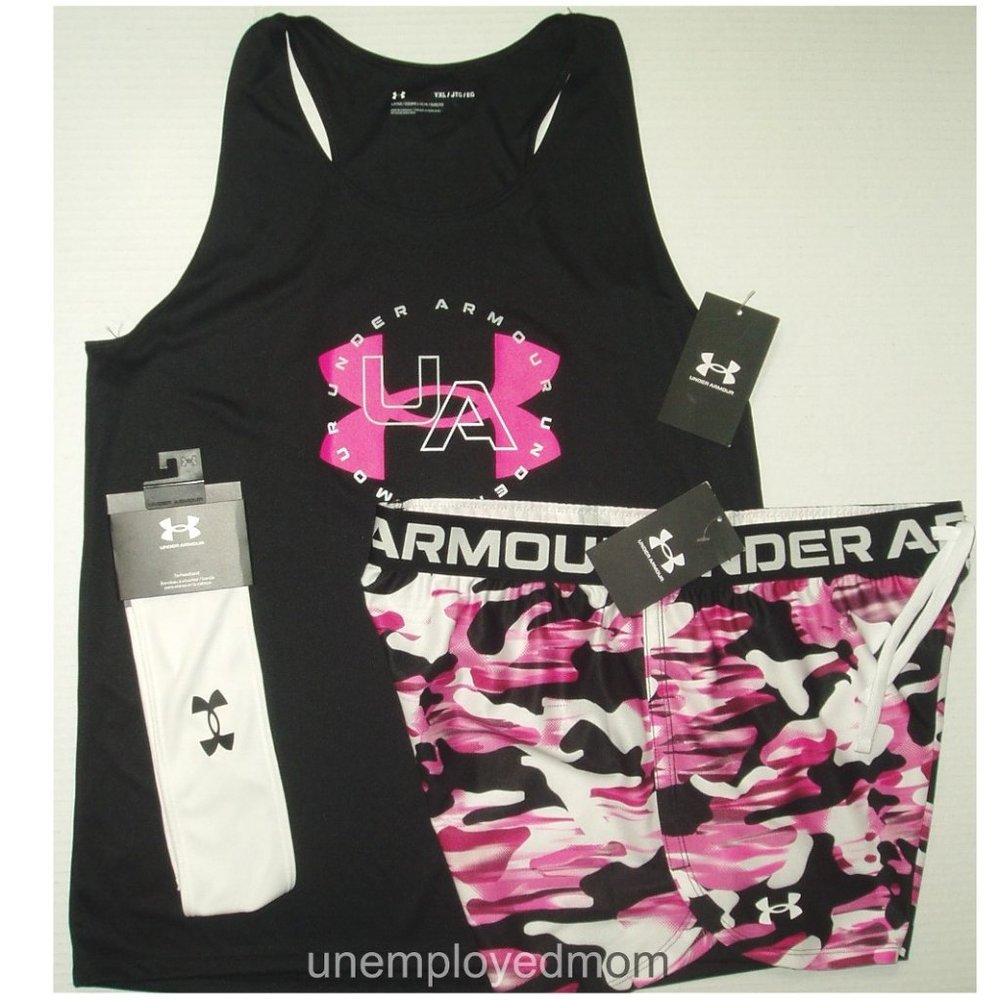 Under Armour Shorts Tank Top Tie Headband Youth Girls Sports Athletic Tee Shirt